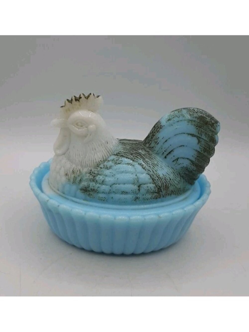 Rare Fenton Westmoreland Baby Blue and White Milk Glass Slag 5.5" Hen on Nest